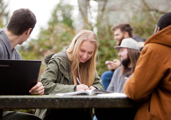 A group of students study outside at a picnic table